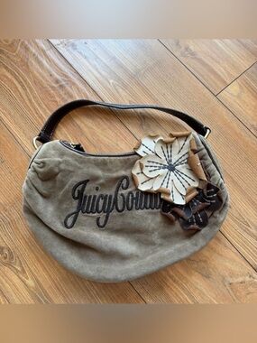 Y2K Juicy Couture Brown Suede Shoulder Bag with Floral Accent